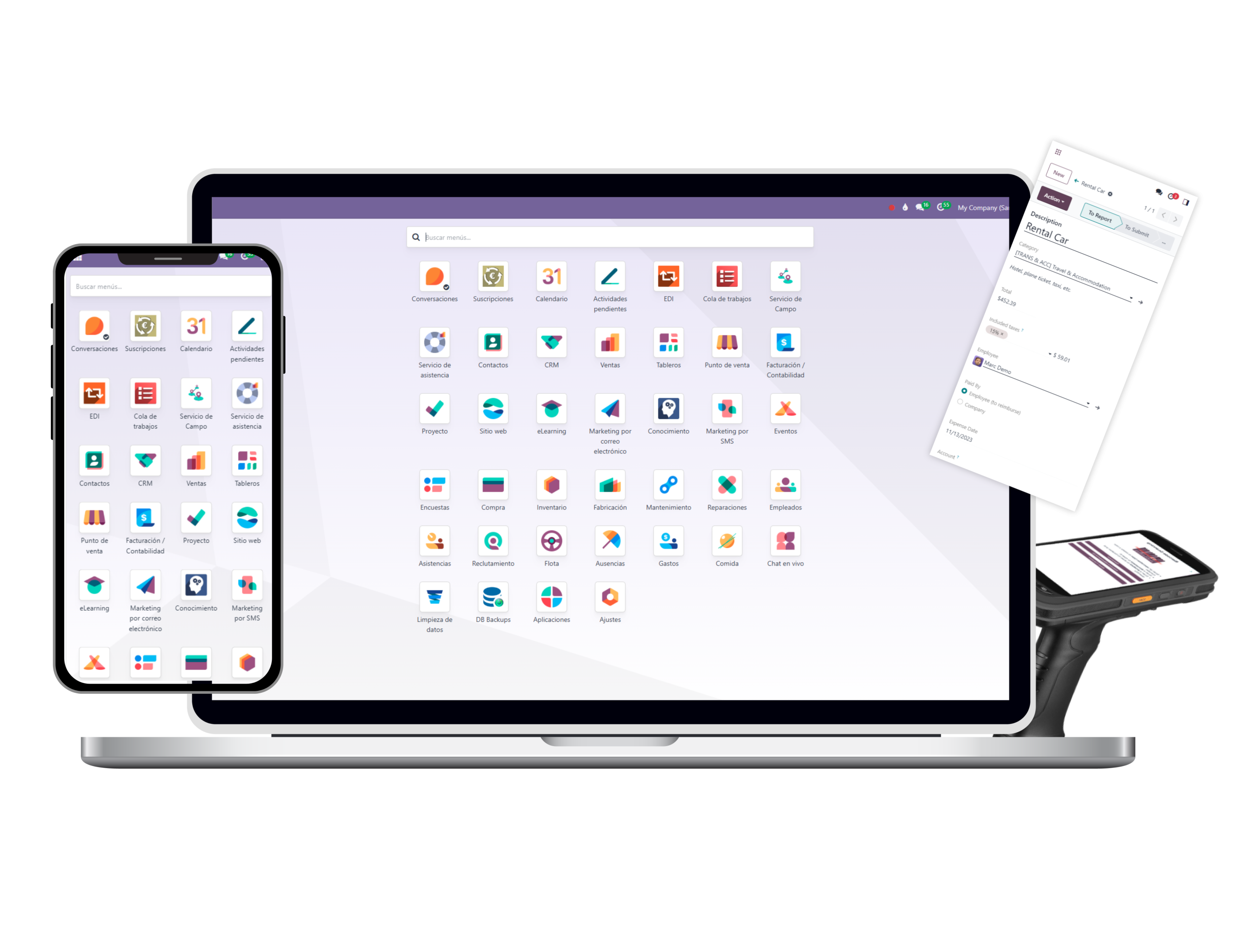 Dashboard de Odoo con aplicaciones ERP en ordenador y móvil responsive, implementado por TUK Informática partner en España