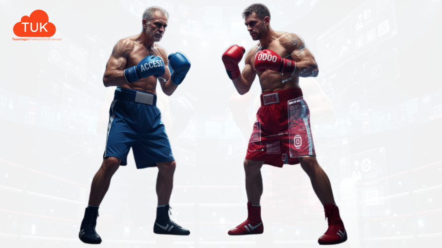 Combate simbólico entre Microsoft Access y Odoo, representados como dos boxeadores: Access veterano frente a un Odoo joven y preparado, ilustrando la evolución tecnológica en la gestión empresarial.